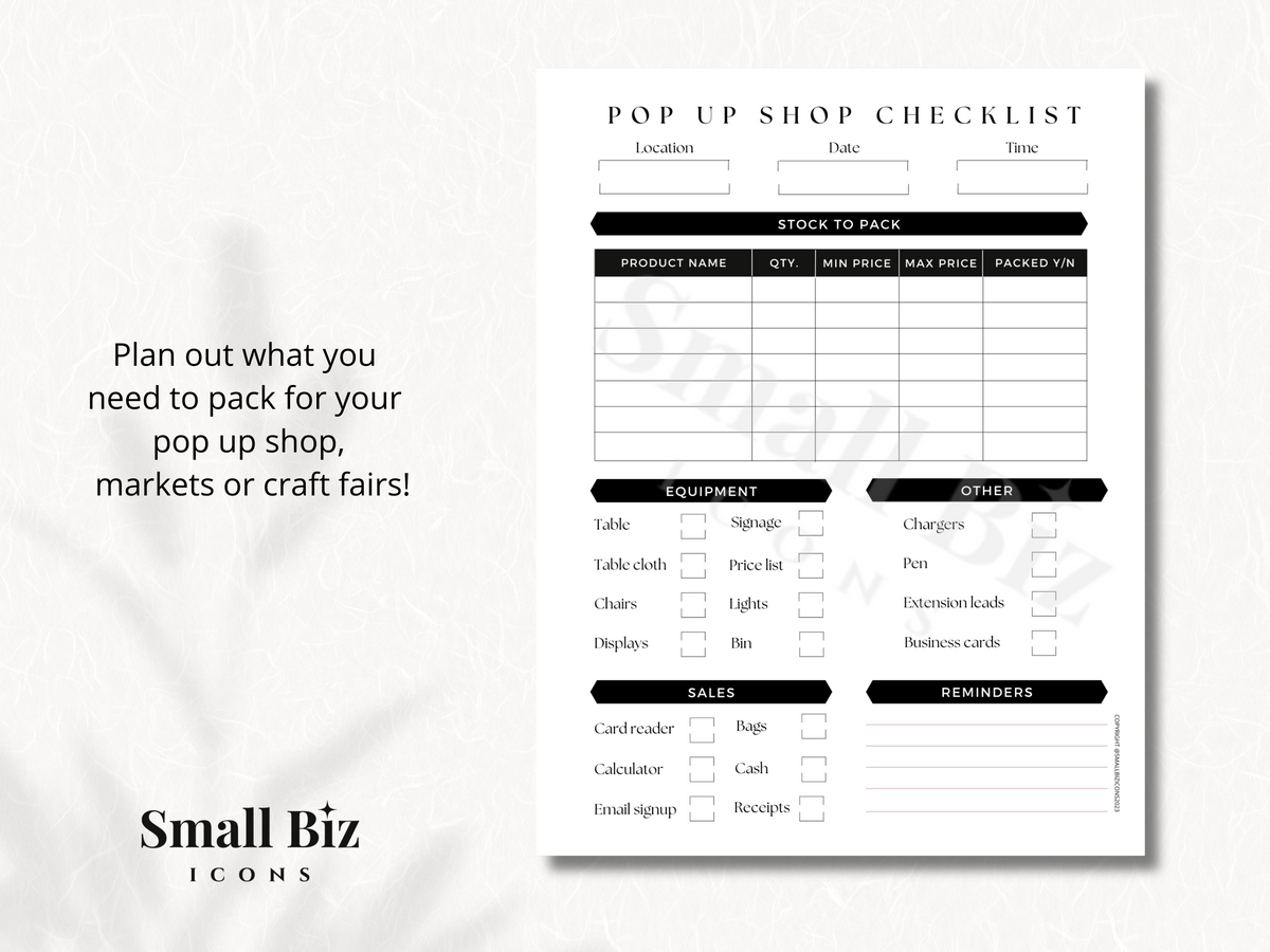 POP UP SHOP CHECKLIST