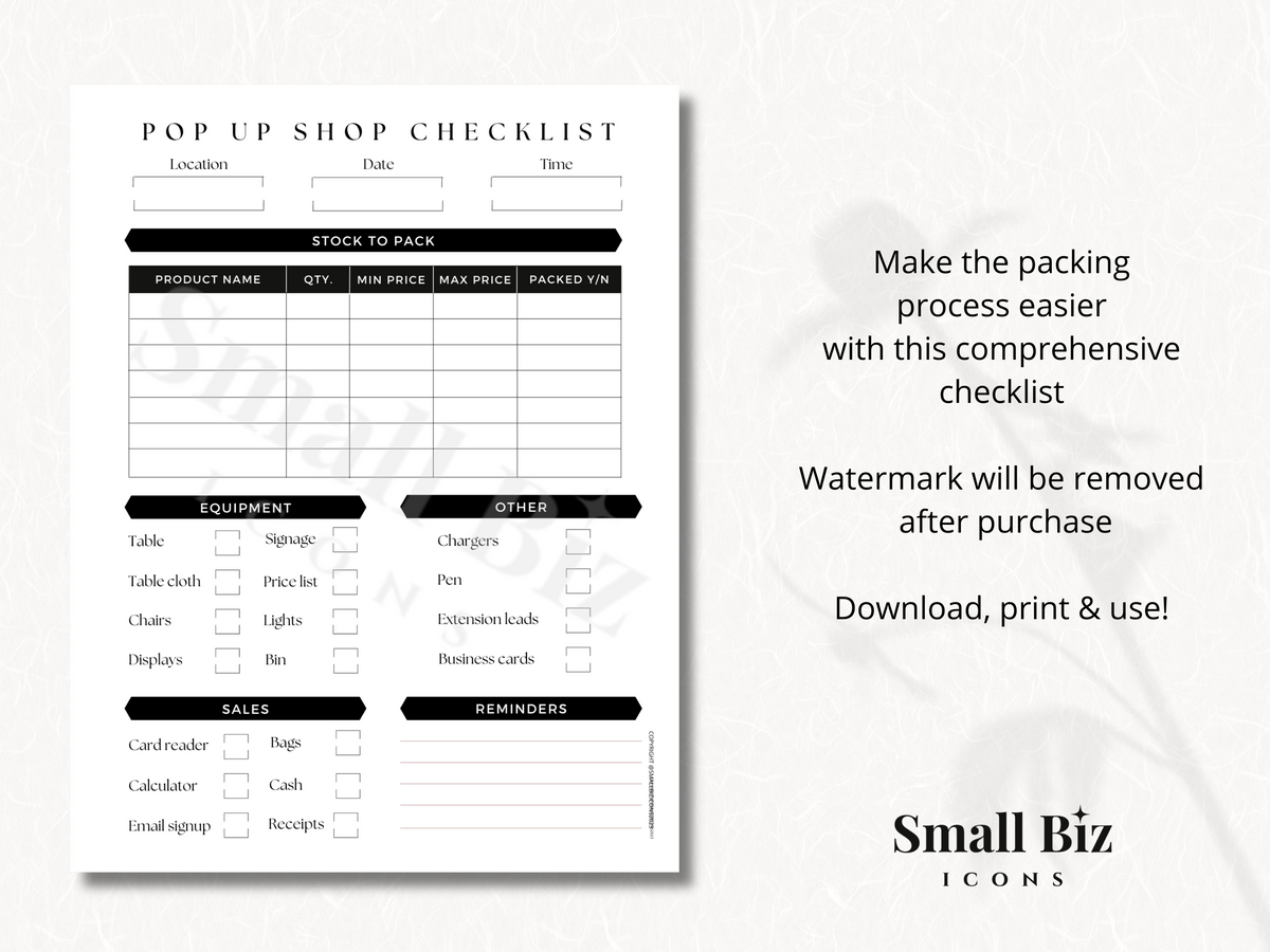 POP UP SHOP CHECKLIST